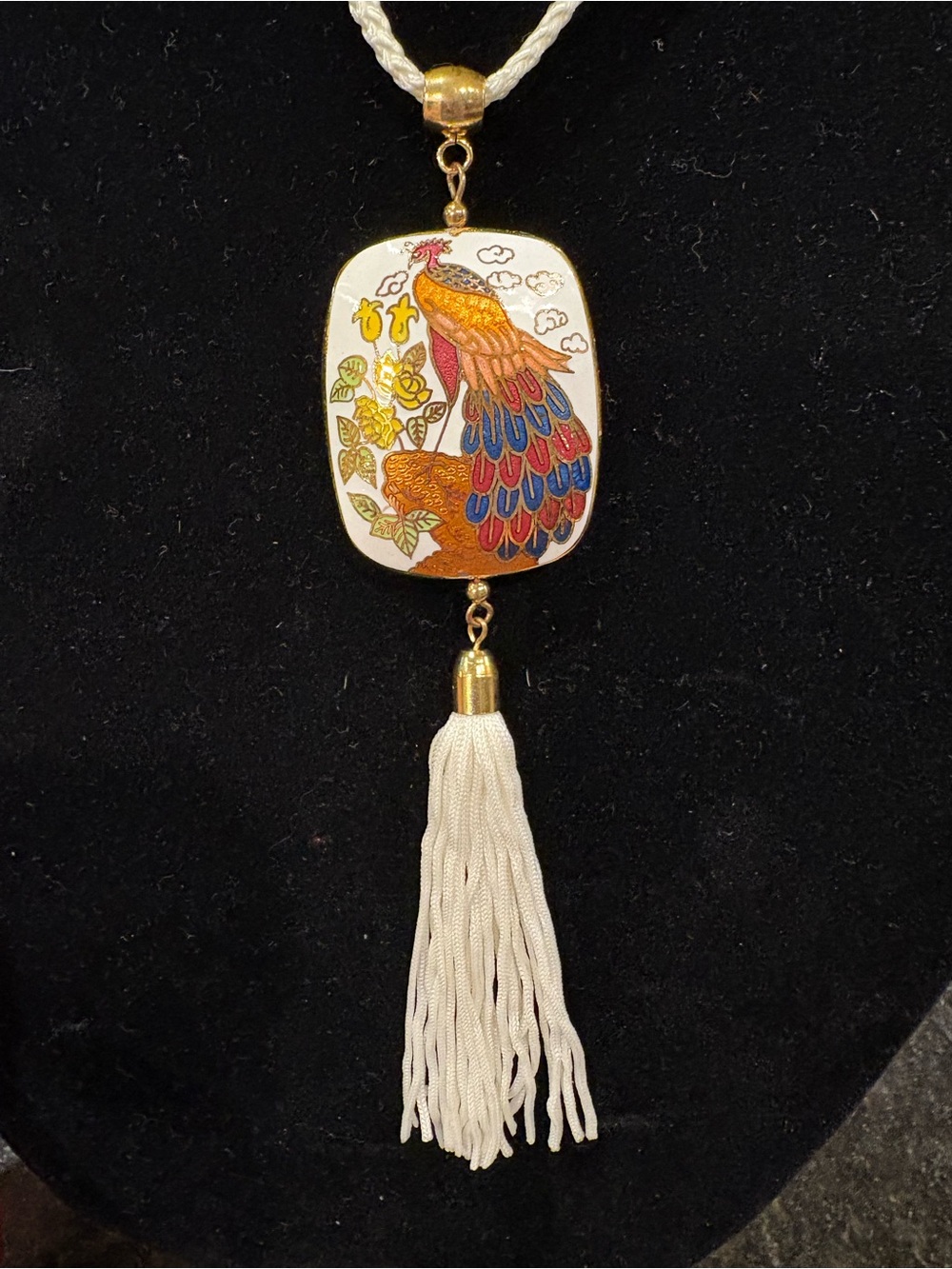Vintage White Tassel Pendant Necklace with Cloisonné Multicolor Peacock Motif